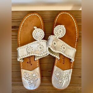 Jack Rogers Leather Flat Sandal Womens Size 7 Preppy Silver Metallic Coastal
